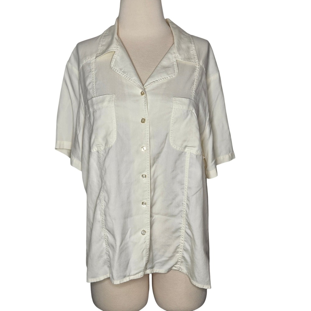 Bay Studio 100% Silk Ivory Button Front Blouse Short Sleeve Collared Size XL